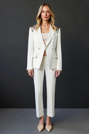 Sparkly White 2 Piece Shawl Lapel Prom Suits with Buttons