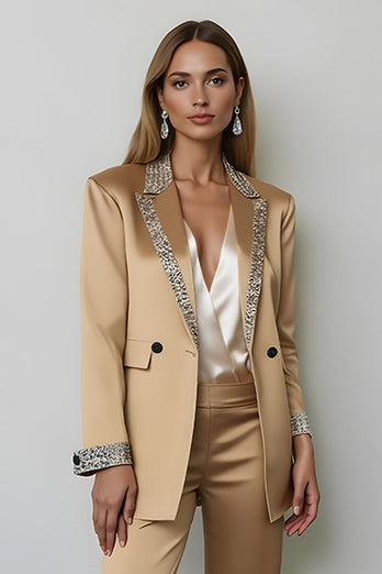 2 Piece Sparkly Dark Golden Peak Lapel Women Prom Suits