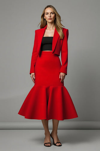 2 Piece Red Satin Mermaid Satin Midi Prom Suits