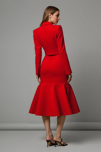 2 Piece Red Satin Mermaid Satin Midi Prom Suits