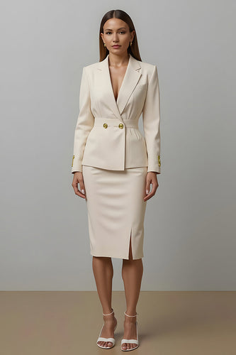2 Piece Ivory Notched Lapel Pencil Midi Business Suits with Slit