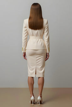 2 Piece Ivory Notched Lapel Pencil Midi Business Suits with Slit