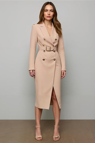 Blush Pencil Long Sleeves Double Breasted Midi Blazer Dress with Slit