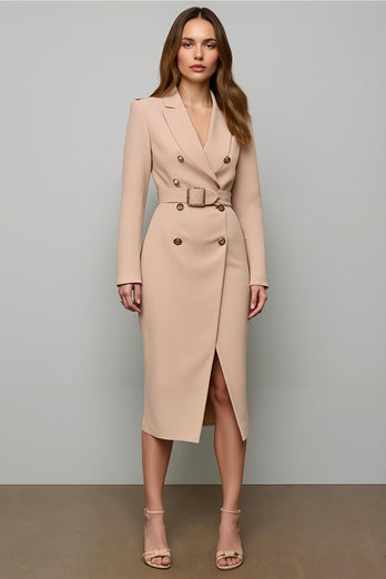 Blush Pencil Long Sleeves Double Breasted Midi Blazer Dress with Slit