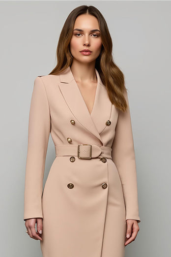 Blush Pencil Long Sleeves Double Breasted Midi Blazer Dress with Slit