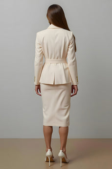 2 Piece Ivory Notched Lapel Pencil Midi Business Suits with Sash