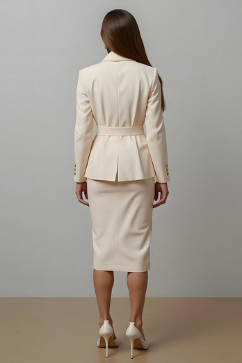 2 Piece Ivory Notched Lapel Pencil Midi Business Suits with Sash
