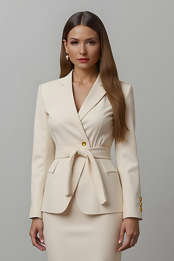 2 Piece Ivory Notched Lapel Pencil Midi Business Suits with Sash