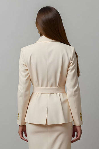 2 Piece Ivory Notched Lapel Pencil Midi Business Suits with Sash