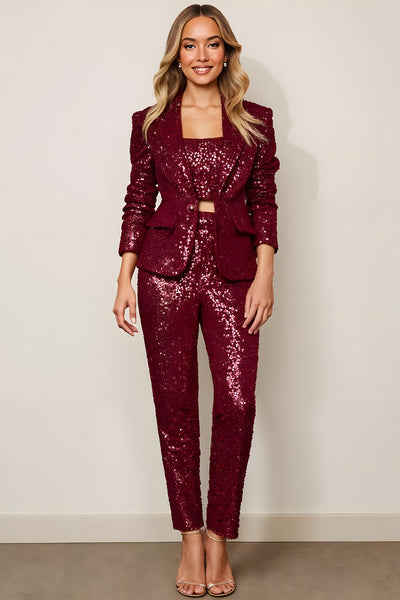 Sparkly 2 Piece Burgundy Sequins One Button Women Prom Suits