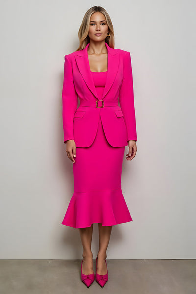 Fuchsia 2 Piece Mermaid Peak Lapel Midi Women Prom Suits with Belts