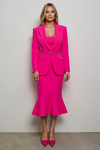 Fuchsia 2 Piece Mermaid Peak Lapel Midi Women Prom Suits with Belts