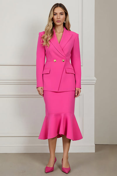2 Piece Fuchsia Satin Peak Lapel Mermaid Midi Women Prom Suits