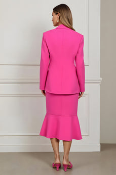 2 Piece Fuchsia Satin Peak Lapel Mermaid Midi Women Prom Suits