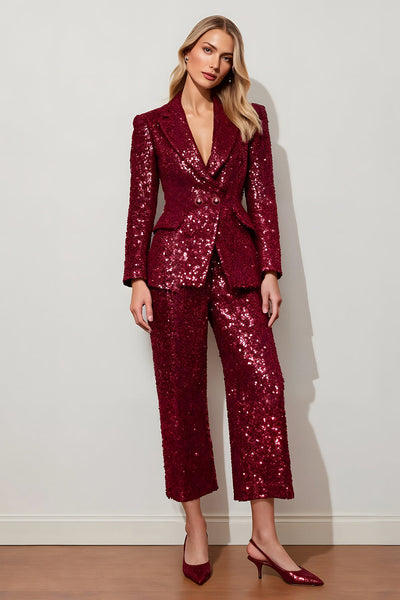 Sparkly  2 Piece Burgundy Sequins Peak Lapel Women Prom Suits