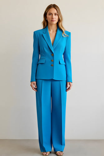Blue 2 Piece Satin Notched Lapel Single Breasted Women Prom Suits