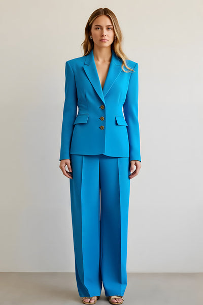 Blue 2 Piece Satin Notched Lapel Single Breasted Women Prom Suits