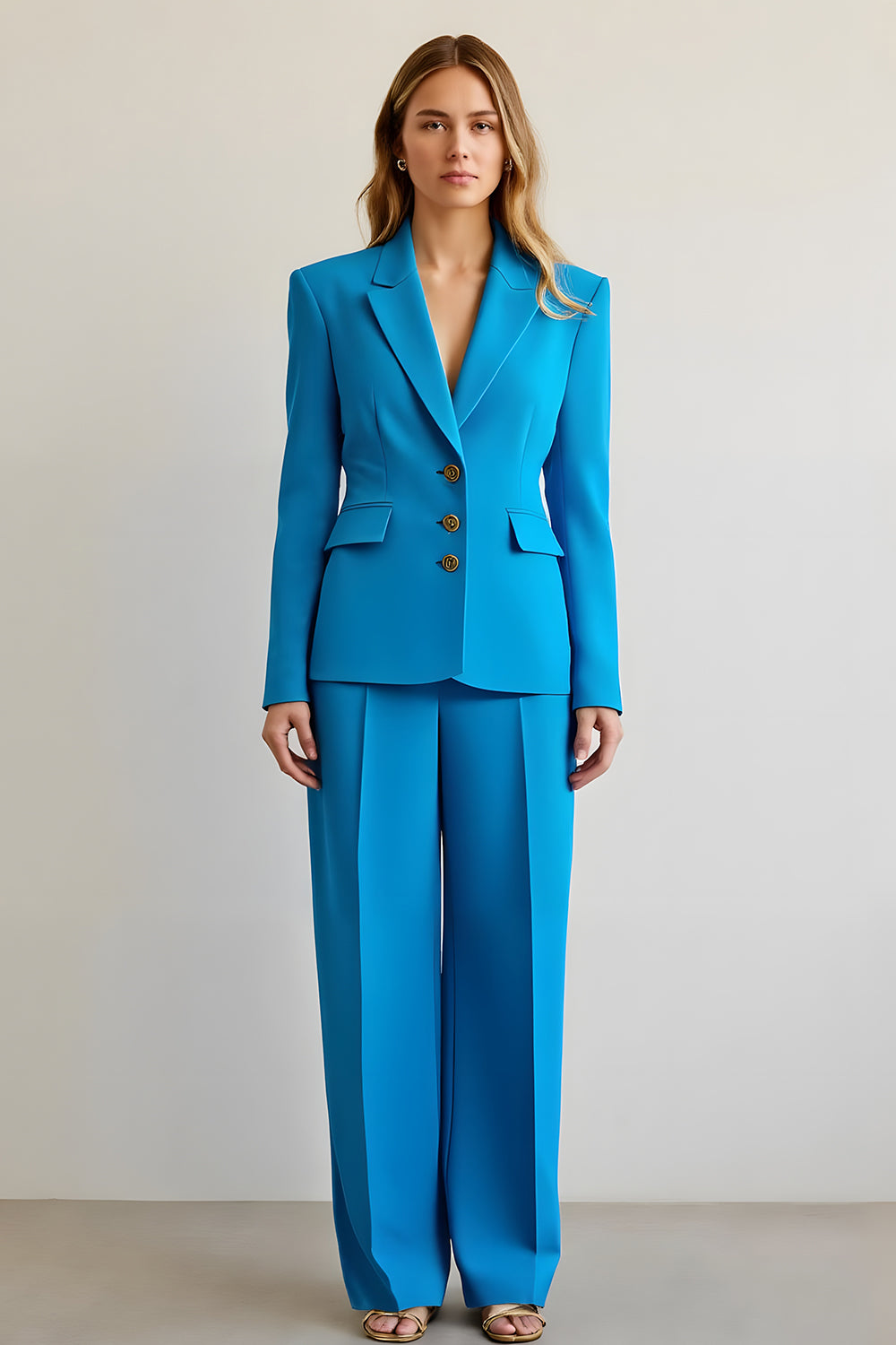 Blue 2 Piece Satin Notched Lapel Single Breasted Women Prom Suits