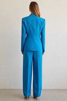 Blue 2 Piece Satin Notched Lapel Single Breasted Women Prom Suits