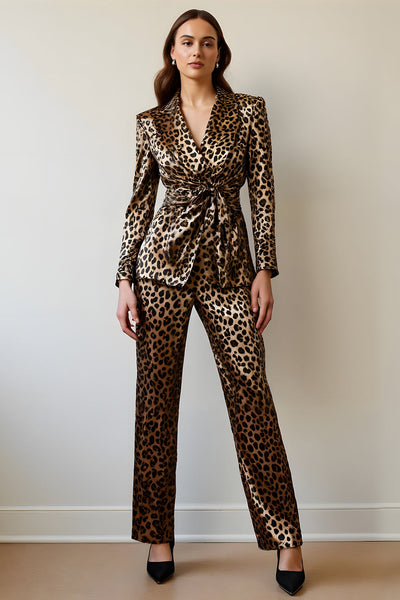 2 Piece Gold Black Satin Leopard Women Prom Suits with Sash