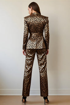 2 Piece Gold Black Satin Leopard Women Prom Suits with Sash