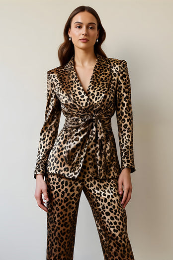 2 Piece Gold Black Satin Leopard Women Prom Suits with Sash