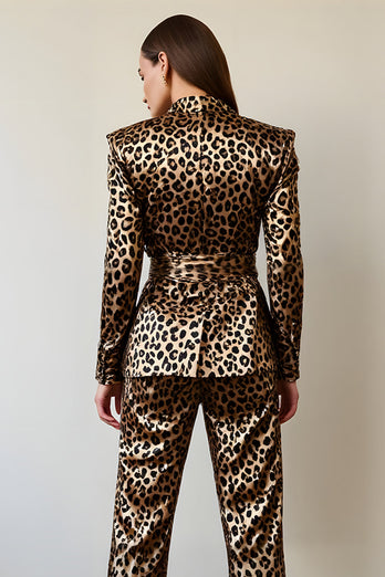 2 Piece Gold Black Satin Leopard Women Prom Suits with Sash