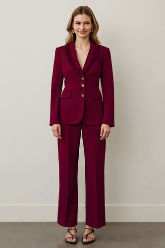 Burgundy Satin Shawl Lapel 2 Piece Women Prom Suits with Ruffles