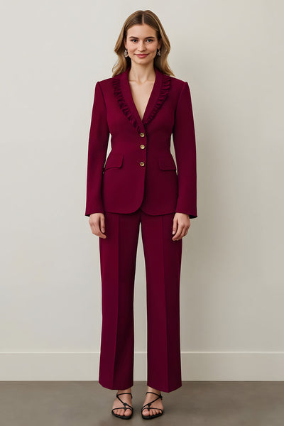 Burgundy Satin Shawl Lapel 2 Piece Women Prom Suits with Ruffles