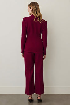 Burgundy Satin Shawl Lapel 2 Piece Women Prom Suits with Ruffles