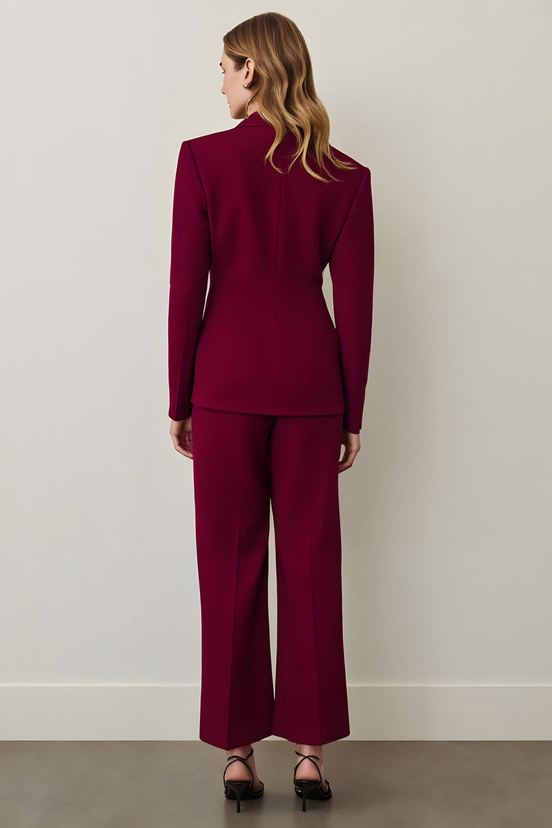 Load image into Gallery viewer, Burgundy Satin Shawl Lapel 2 Piece Women Prom Suits with Ruffles