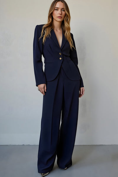 2 Piece Navy Satin Single Breasted Long Sleeves Business Suits