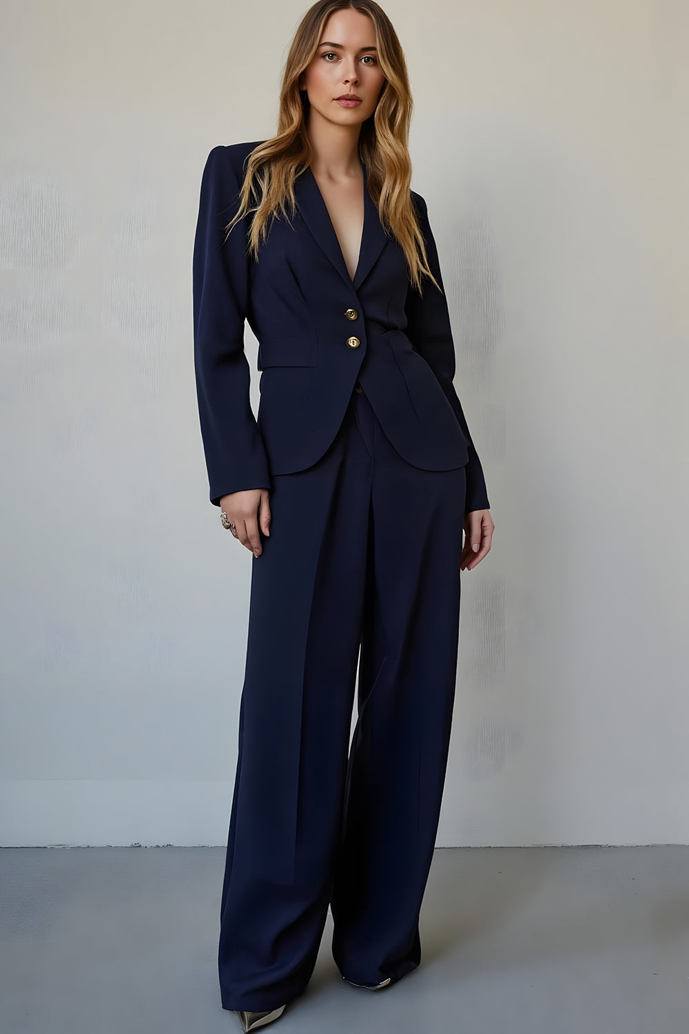 2 Piece Navy Satin Single Breasted Long Sleeves Business Suits