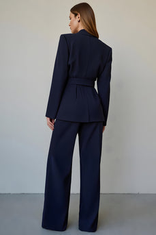 2 Piece Navy Satin Single Breasted Long Sleeves Business Suits