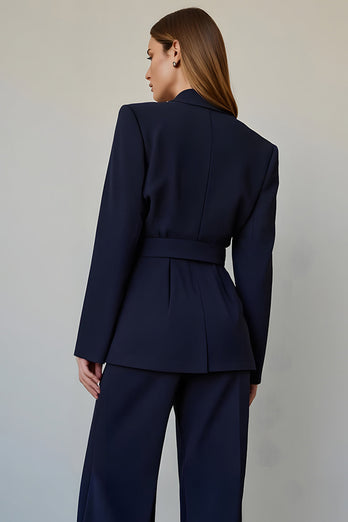 2 Piece Navy Satin Single Breasted Long Sleeves Business Suits