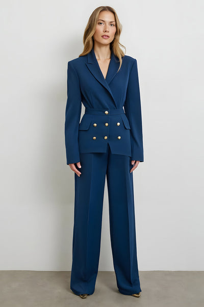 2 Piece Dark Blue Satin Double Breasted Business Suits