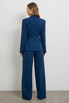 2 Piece Dark Blue Satin Double Breasted Business Suits