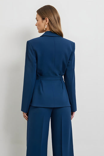 2 Piece Dark Blue Satin Double Breasted Business Suits