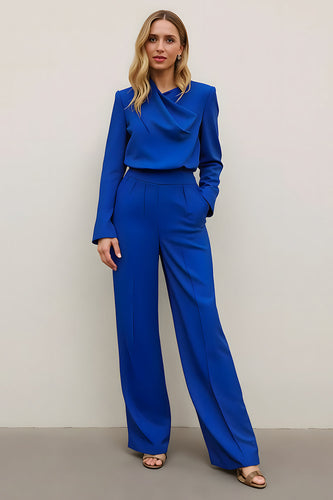 2 Piece Satin Royal Blue Asymmetrical Neck Business Suits with Pockets