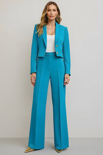 Blue 2 Piece Satin Peak Lapel Single Breasted Women Prom Suits