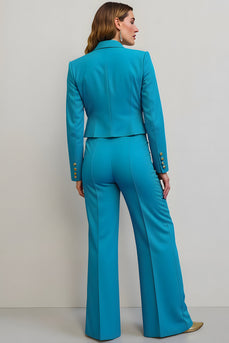 Blue 2 Piece Satin Peak Lapel Single Breasted Women Prom Suits