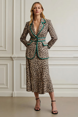 2 Piece Coffee Leopard Satin Notched Lapel Midi Women Prom Suits