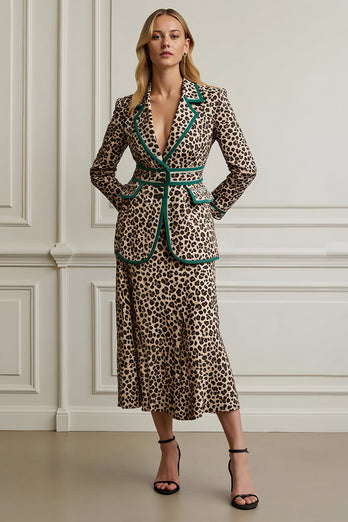 2 Piece Coffee Leopard Satin Notched Lapel Midi Women Prom Suits