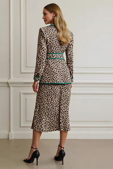 2 Piece Coffee Leopard Satin Notched Lapel Midi Women Prom Suits