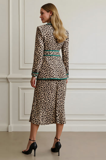 2 Piece Coffee Leopard Satin Notched Lapel Midi Women Prom Suits