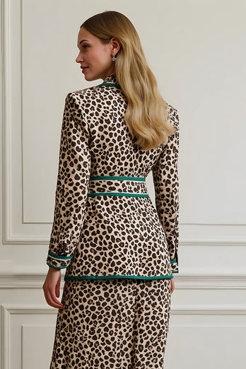 2 Piece Coffee Leopard Satin Notched Lapel Midi Women Prom Suits