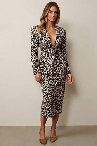 Coffee 2 Piece Pencil Satin Leopard Midi Women Prom Suits
