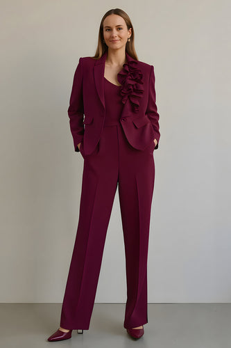 Burgundy 2 Piece Satin Ruffled Women Prom Suits with Pockets