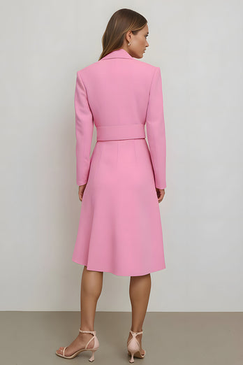 Pink Pencil Satin Notched Lapel Midi Blazer Dress with Belt