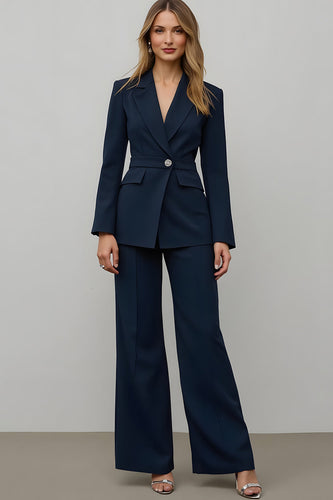 Navy 2 Piece Satin Notched Lapel One Button Women Prom Suits
